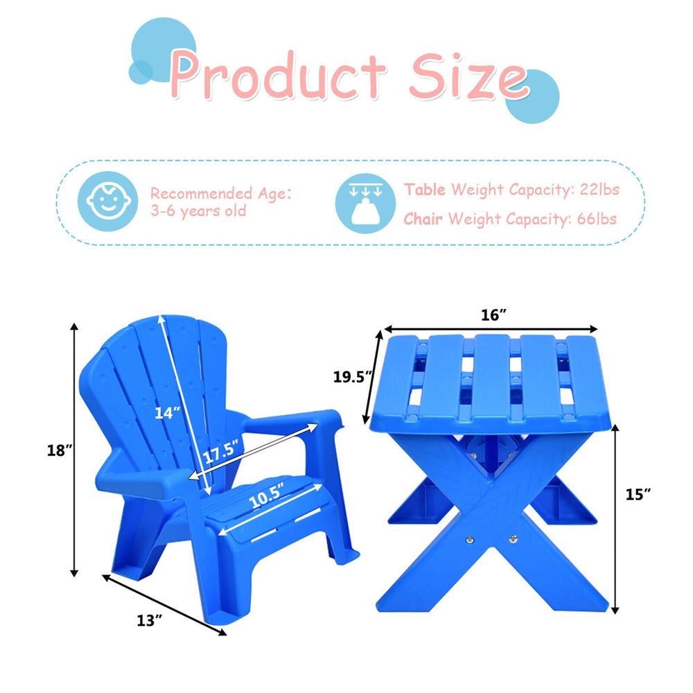 Blue 3-piece plastic children table and chair set, featuring two chairs and a table, ideal for arts, crafts, and play.
