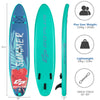 Inflatable stand-up paddle board in turquoise with floral design, ideal for water activities and easy transport.