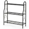 3-tier black metal plant stand with scrollwork design, perfect for organizing plants and enhancing garden decor.