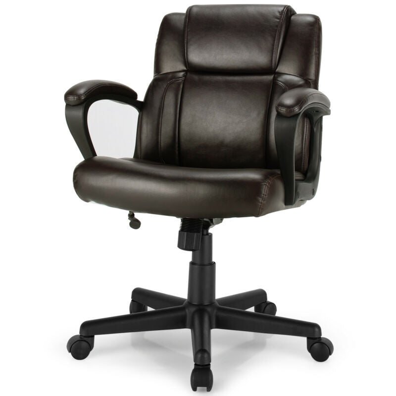 Adjustable leather executive office chair with padded armrests, 360° swivel, and ergonomic design for comfort and.