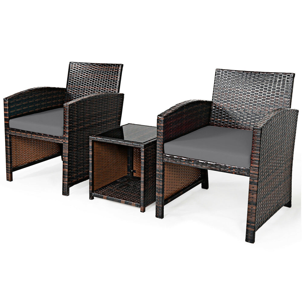 3-piece PE rattan wicker furniture set with gray cushions, including two chairs and a coffee table, ideal for outdoor.
