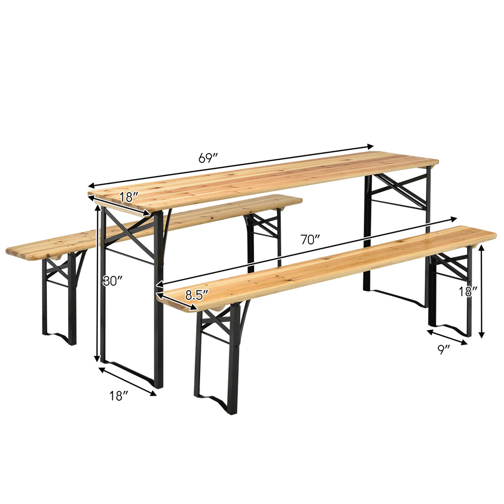 3-piece folding wooden picnic table and bench set with solid fir wood and anti-rust steel frame, ideal for indoor and.