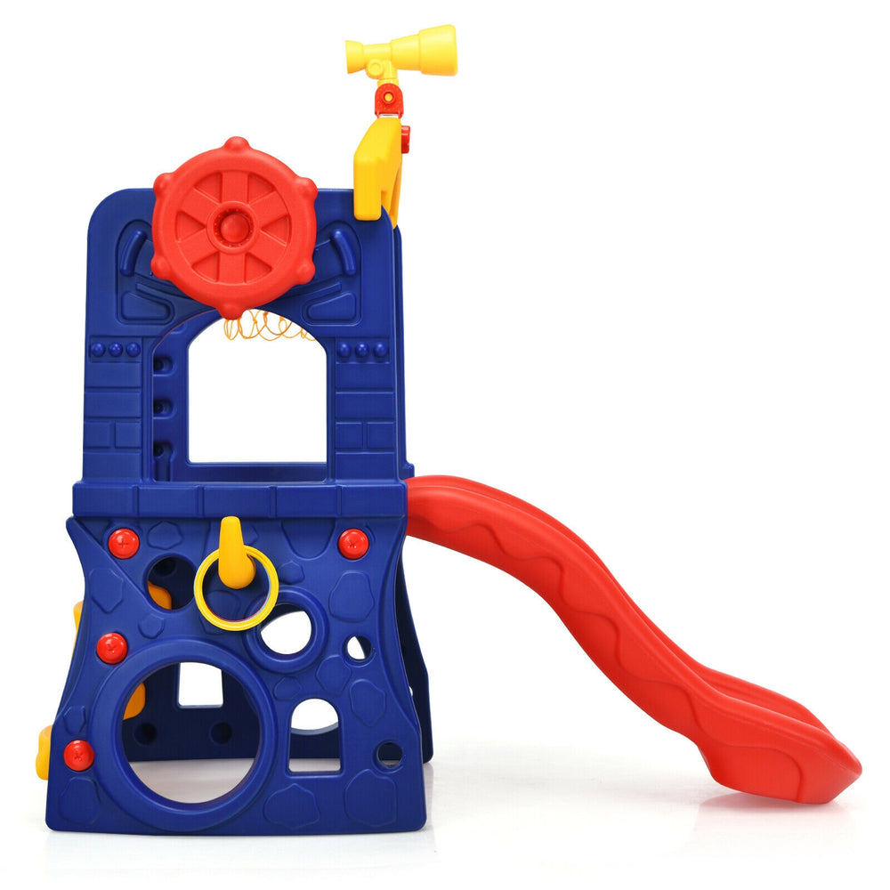 Freestanding kids slide with basketball hoop, ring toss, and smooth curved slide for safe indoor and outdoor play.