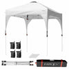 Height adjustable 6.6 x 6.6 FT white pop-up canopy tent with roller bag and stability accessories for outdoor use.