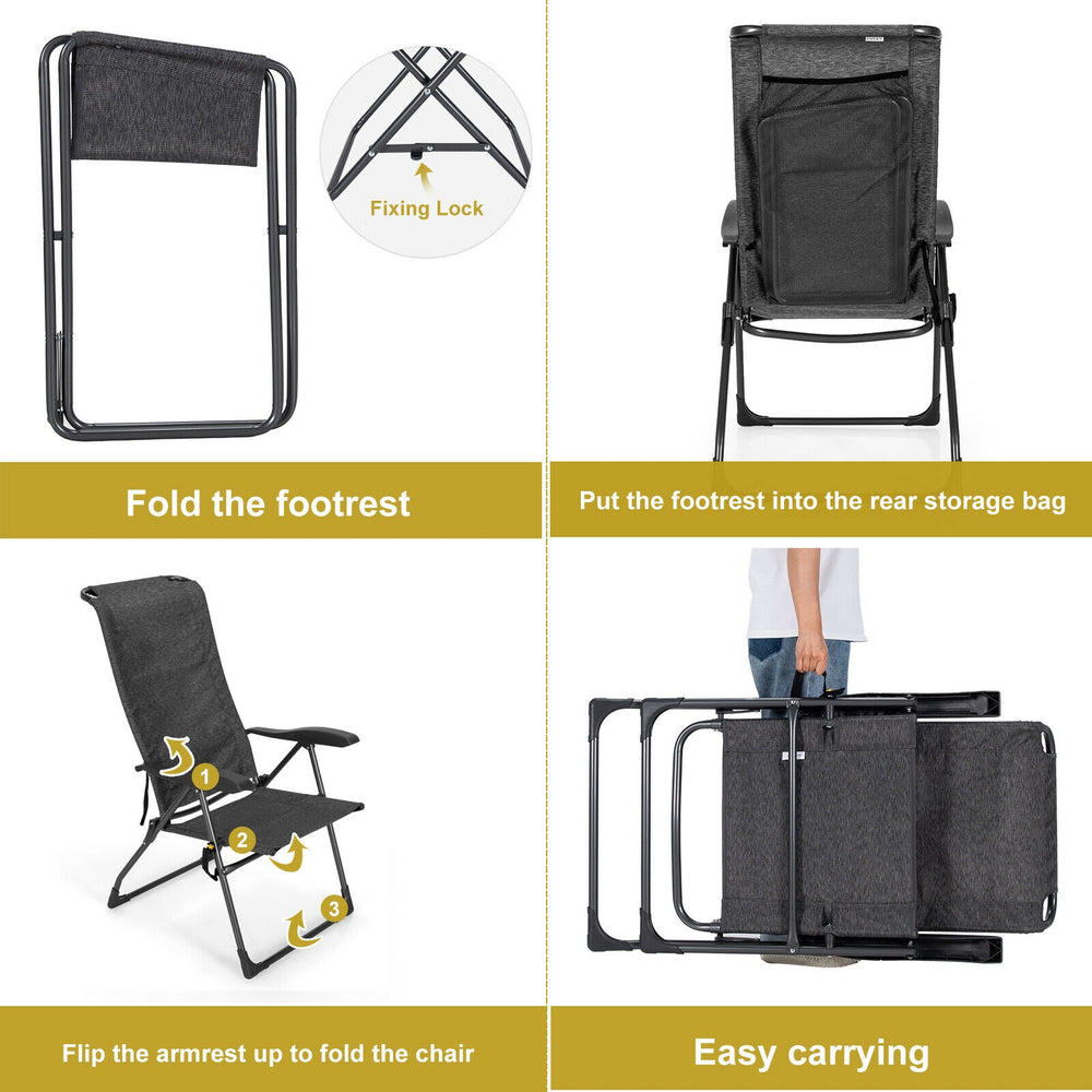 Folding patio chair set with adjustable backrest and ergonomic armrests, ideal for outdoor relaxation and easy storage.