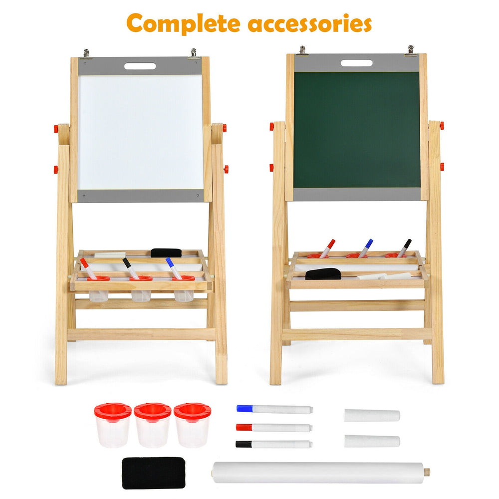 Kids art easel with adjustable height, double-sided chalkboard and whiteboard, includes storage tray and accessories.