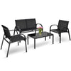 4-piece black patio furniture set featuring a loveseat, 2 single sofas, and a glass top tea table for outdoor comfort.