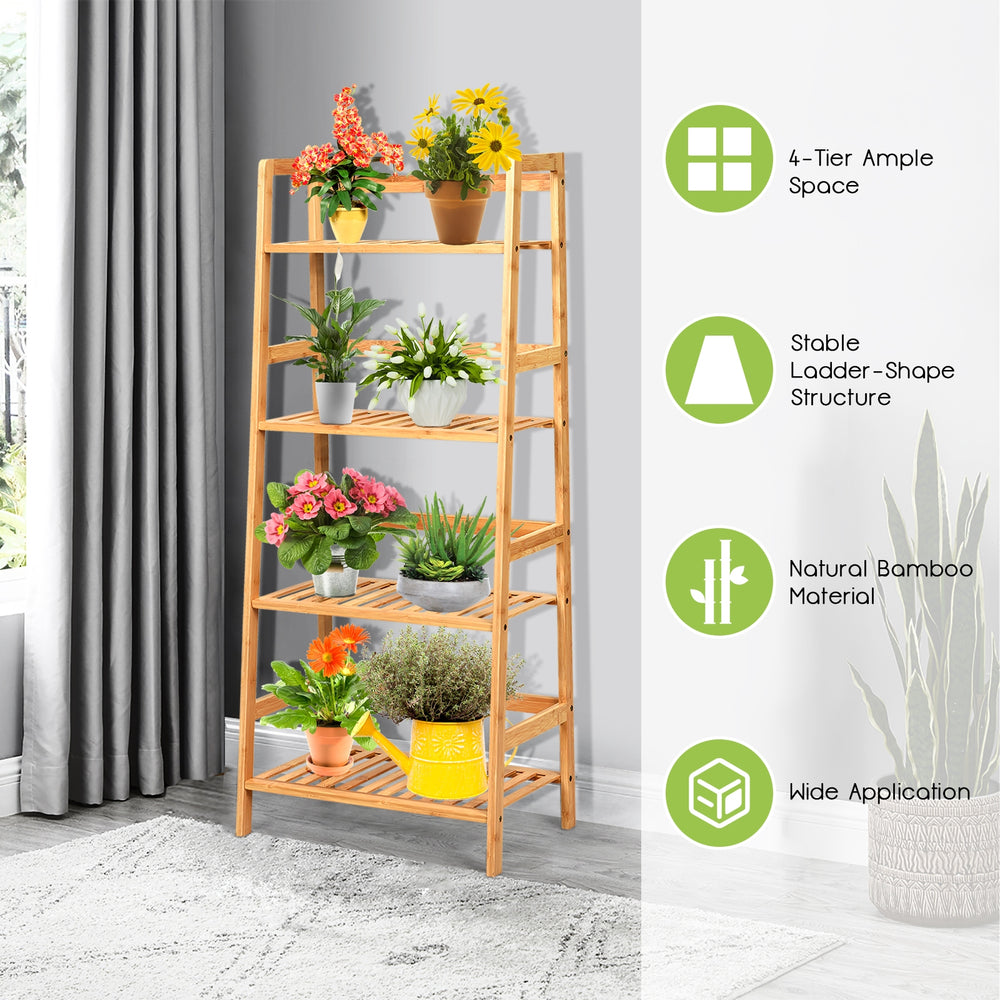 4-Tier Bamboo Plant Rack with Guardrails Stable and Space-Saving-Natural - Gallery View 1 of 12