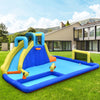 Colorful 6-in-1 inflatable water slide jumping house with water sprinkle function for kids' summer fun in the backyard.