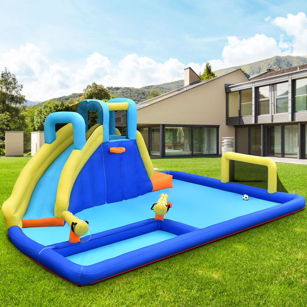 Colorful 6-in-1 inflatable water slide jumping house with water sprinkle function for kids' summer fun in the backyard.