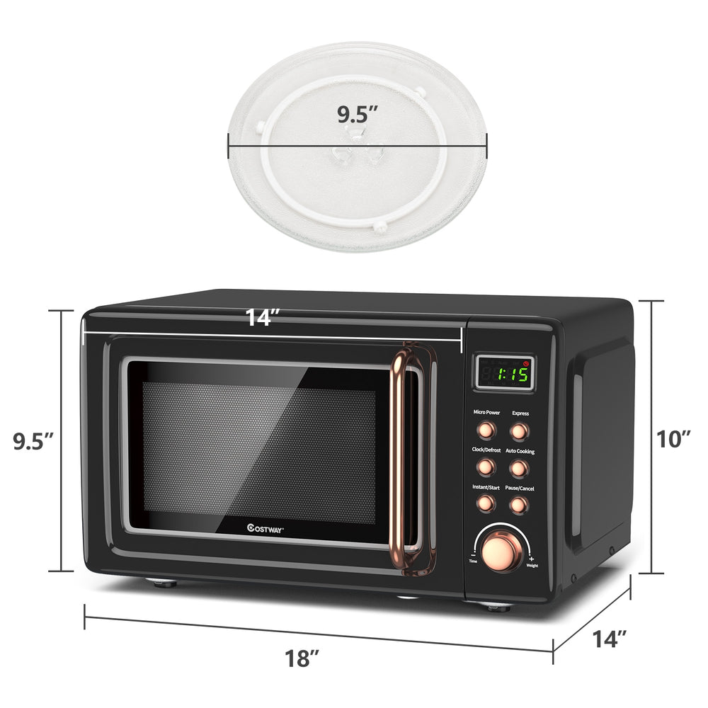 700W retro countertop microwave oven with 5 power levels and 360° rotating glass turntable, ideal for small spaces.
