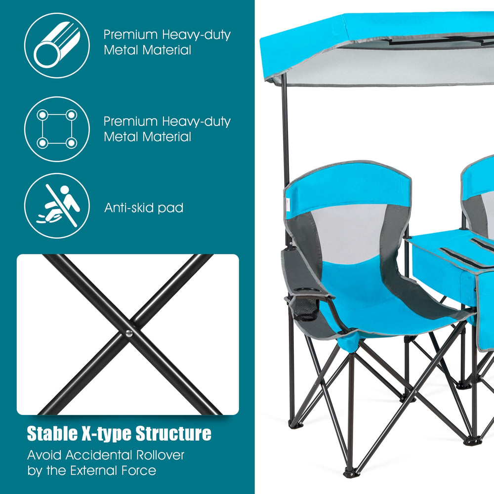 Portable folding camping canopy chair in blue with a cup holder and adjustable canopy for outdoor relaxation.