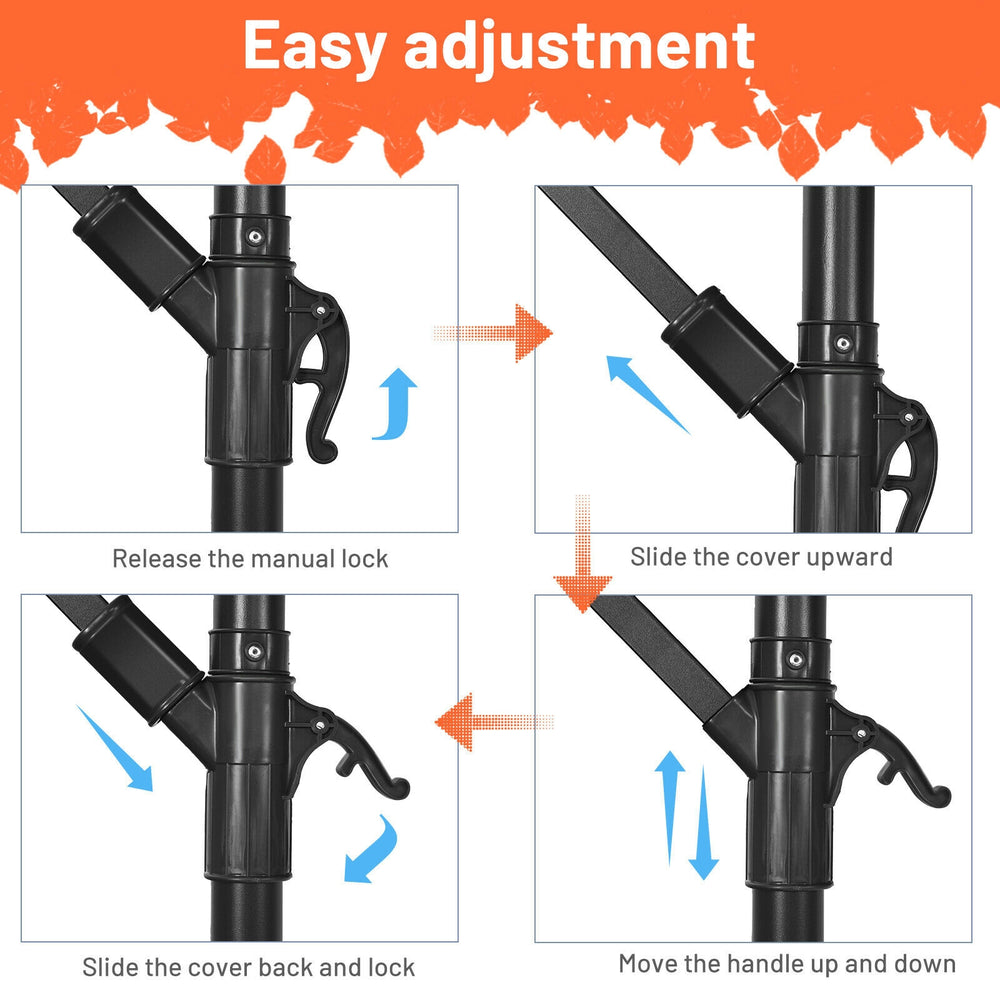 Close-up of the adjustment mechanism for the 10 Feet Offset Umbrella, featuring a manual lock and easy crank for angle.