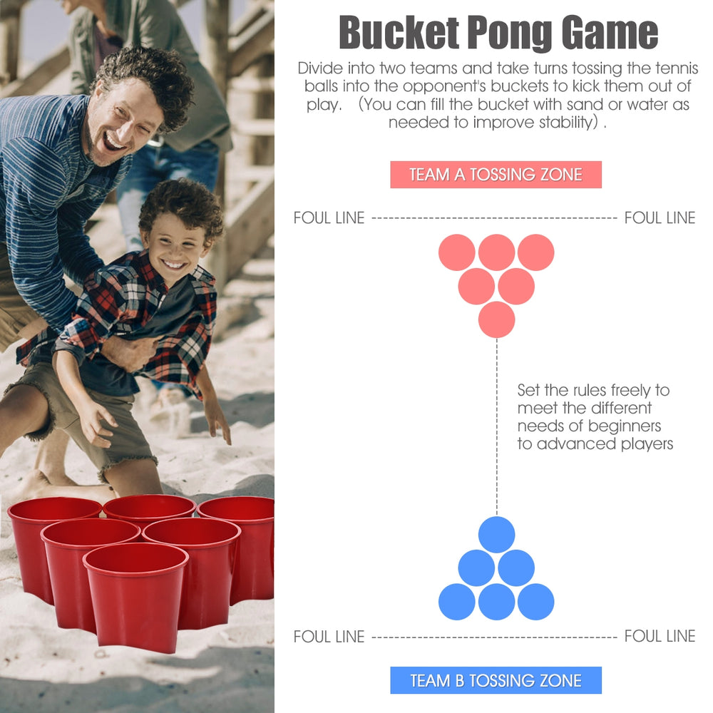 Giant Yard Pong game set featuring 12 durable buckets and 2 wear-resistant balls, perfect for outdoor parties and.