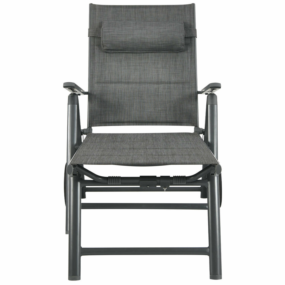 Gray patio reclining chaise lounge with adjustable neck pillow and heavy-duty aluminum frame for outdoor relaxation.
