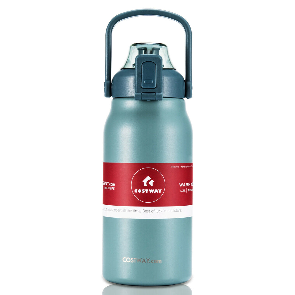 Gray 44oz vacuum insulated stainless steel sports water bottle with wide mouth for easy filling and cleaning, perfect.