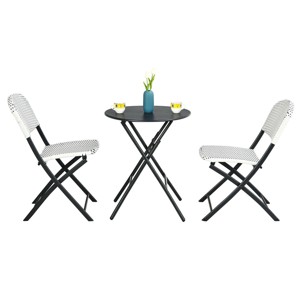3-piece patio bistro set featuring a round folding table and 2 chairs made of durable PE rattan, ideal for outdoor use.