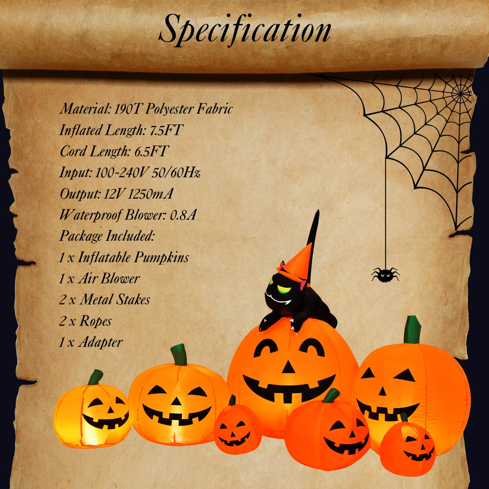 Halloween 7.5 feet inflatable pumpkin combo with witch black cat, made of waterproof polyester, perfect for outdoor.
