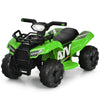 Green 6V kids ATV quad electric ride-on car showcasing the sturdy design and side footrests for comfortable seating.