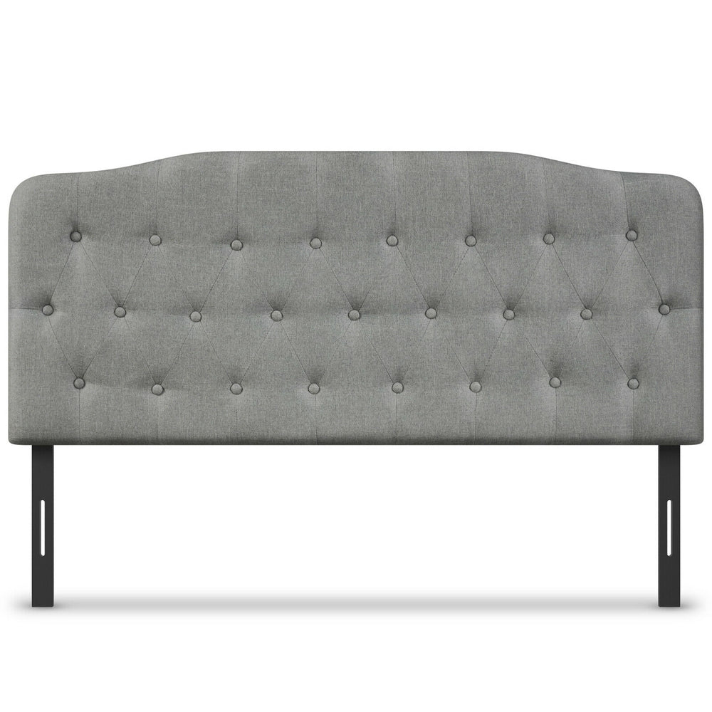 Light gray queen upholstered headboard with button detailing, adjustable heights, and sturdy plywood construction.