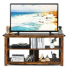 Brown 3-tier wood TV stand showcasing an open shelf design and X-shaped frame, ideal for decorative displays and.