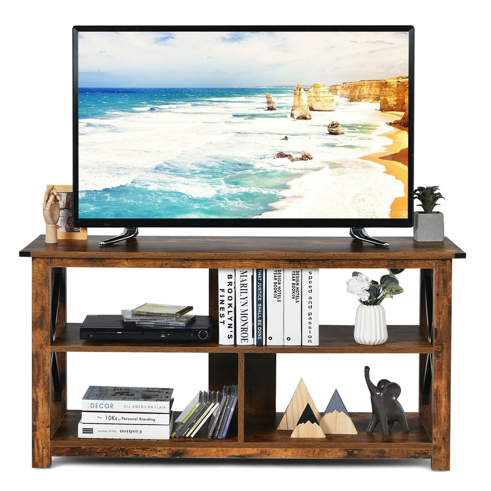 Brown 3-tier wood TV stand showcasing an open shelf design and X-shaped frame, ideal for decorative displays and.