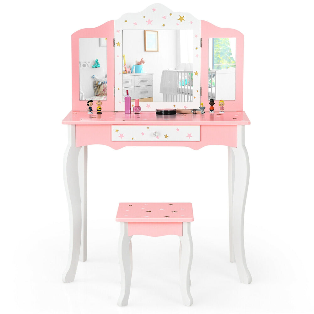 Kids pink vanity table and stool set with tri-folding mirror, star patterns, and drawer for makeup storage.