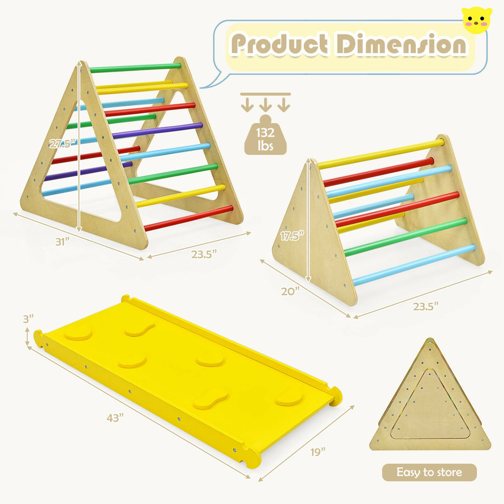 3-in-1 wooden triangle climber set with ramp, designed for kids' play, stability, and easy storage. Suitable for ages.