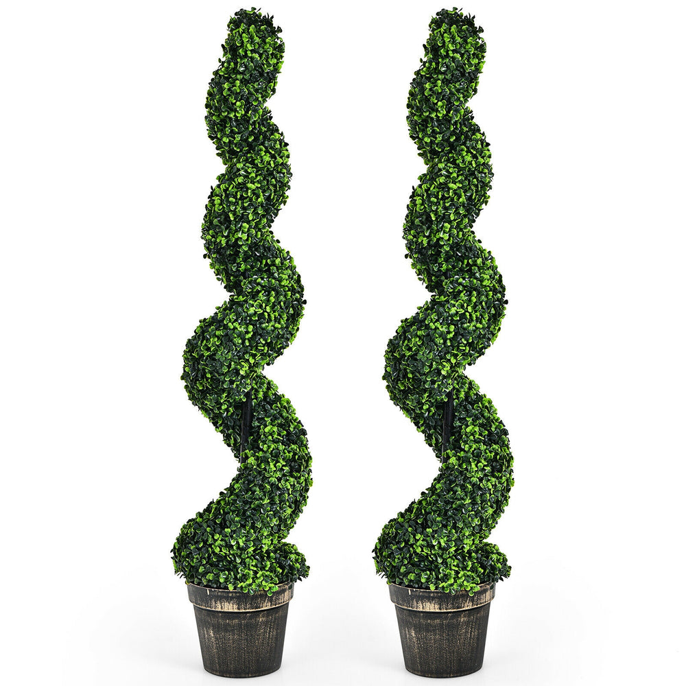 Two 4-foot artificial spiral boxwood topiary trees in cement-filled golden pots, perfect for indoor or outdoor decor.