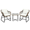 Two cushioned armchairs and a glass-top side table from a 3-piece patio rattan bistro set for outdoor relaxation.