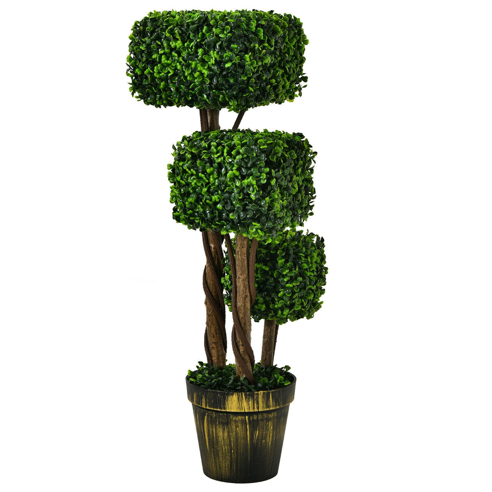 Artificial boxwood topiary tree with three square foliage balls in a golden planter, perfect for indoor and outdoor.