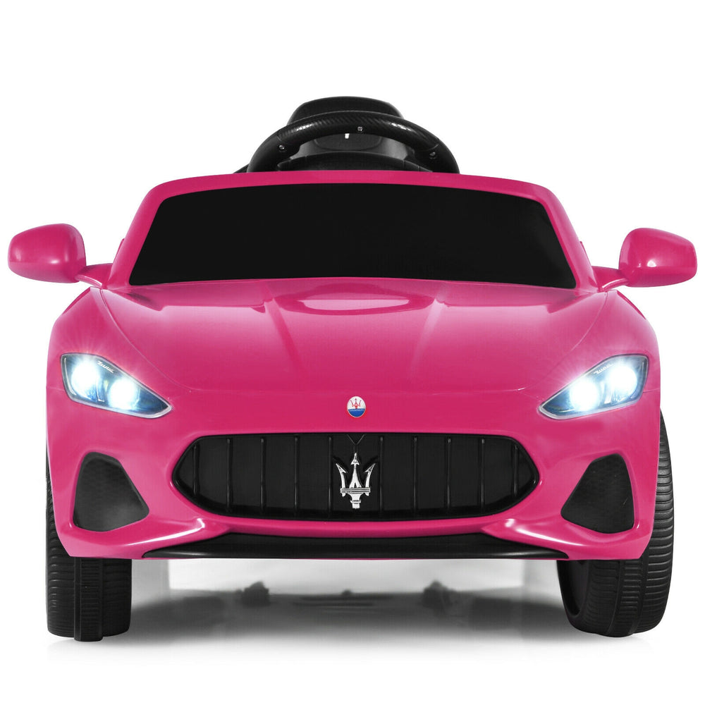 Front view of the pink 12V Maserati kids ride-on car showcasing the sporty design, LED lights, and lockable doors for.