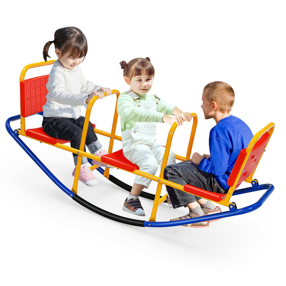 Outdoor kids seesaw for 3 to 8 years old in red, featuring ergonomic seats and safety handrails for backyard fun.