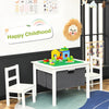 Kids activity table set with a white finish, featuring two ergonomic chairs and ample under-table storage for toys.
