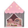 Kids playhouse tent in pink with star lights, mesh windows, and a comfortable cotton mat for indoor fun.