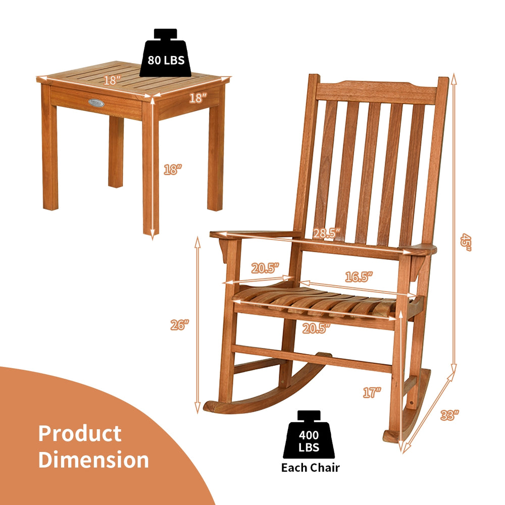 Eucalyptus rocking chair set with coffee table, ergonomic design, perfect for patio relaxation and outdoor enjoyment.
