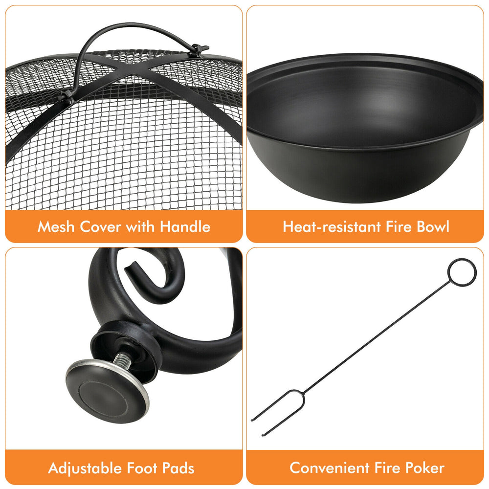 Mesh cover with handle and heat-resistant fire bowl for the 35.5 feet patio fire pit dining table, ideal for outdoor.