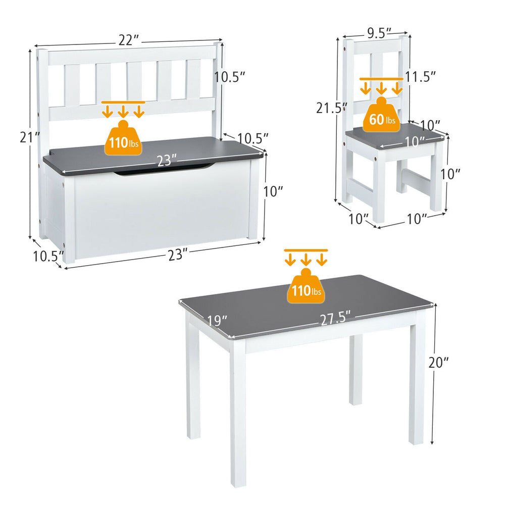 Kids wooden activity table and chairs set in gray, featuring a storage bench, ergonomic design, and safety hinge for.