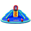 Inflatable waterslide bounce house with two slides, climbing wall, and splash pool for kids aged 3-10.