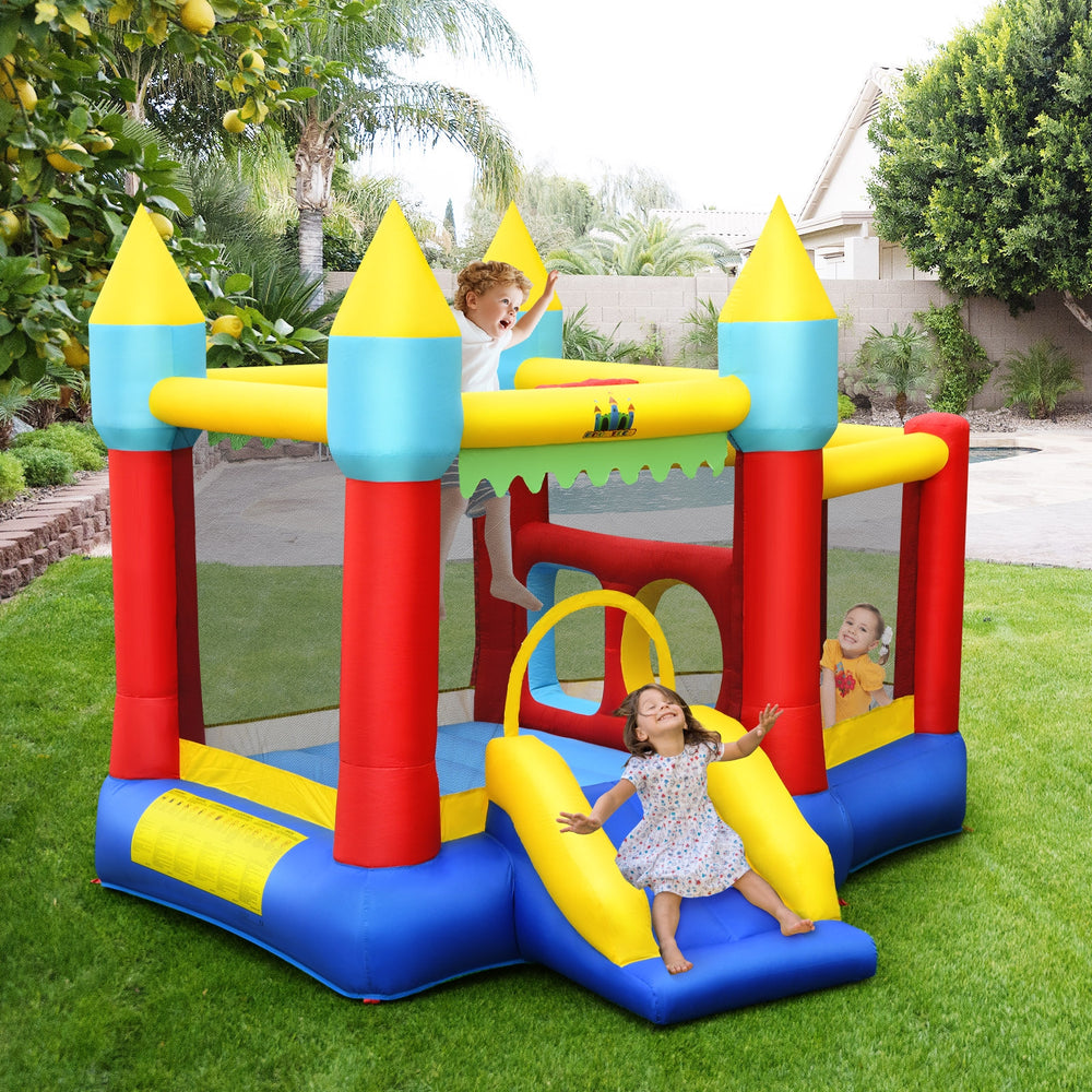 Colorful Kid's Inflatable Bouncer with jumping area, slide, and mesh walls for safety, ideal for outdoor fun.