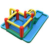 Inflatable water slide bounce house with climbing wall, tunnel, and splash pool for outdoor fun and safety.