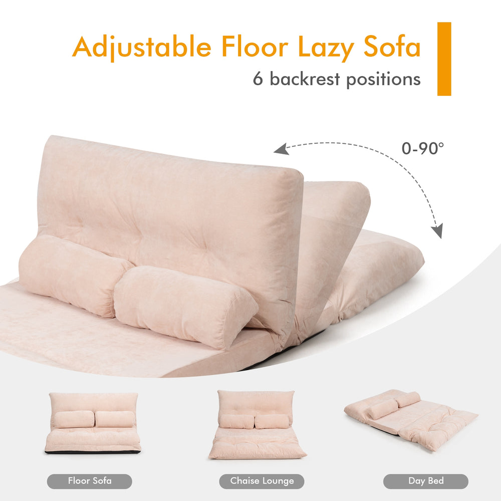 Beige 6-position adjustable floor sofa with two pillows, featuring a foldable design for versatile use as a lounge or.