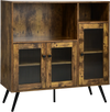 Rustic brown buffet kitchen storage cupboard with glass doors, adjustable shelves, and black tapered legs for.