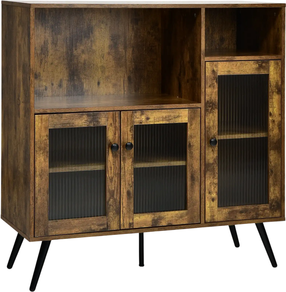Rustic brown buffet kitchen storage cupboard with glass doors, adjustable shelves, and black tapered legs for.