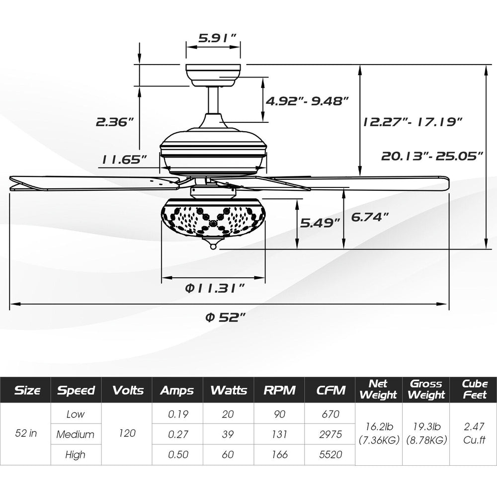 52-inch retro ceiling fan with 5 reversible blades, 3 wind speeds, and remote control for medium to large rooms.