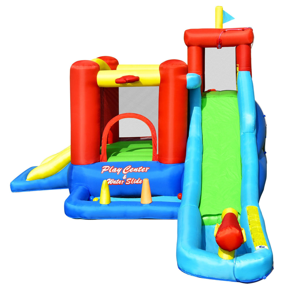 Colorful 9-in-1 inflatable kids water slide bounce house with slide, ball pit, and water cannon for outdoor fun.
