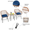 Two navy cushioned armchairs and a glass-top side table from the 3 Pieces Patio Rattan Bistro Set for outdoor use.