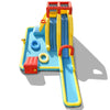Top view of Inflatable Dual Slide Water Park with climbing wall, slides, and basketball hoop, ideal for kids' summer.