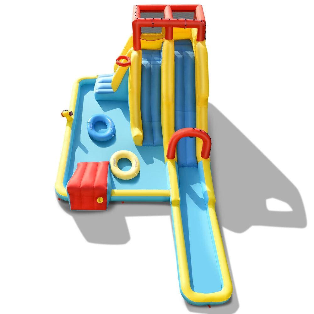 Top view of Inflatable Dual Slide Water Park with climbing wall, slides, and basketball hoop, ideal for kids' summer.