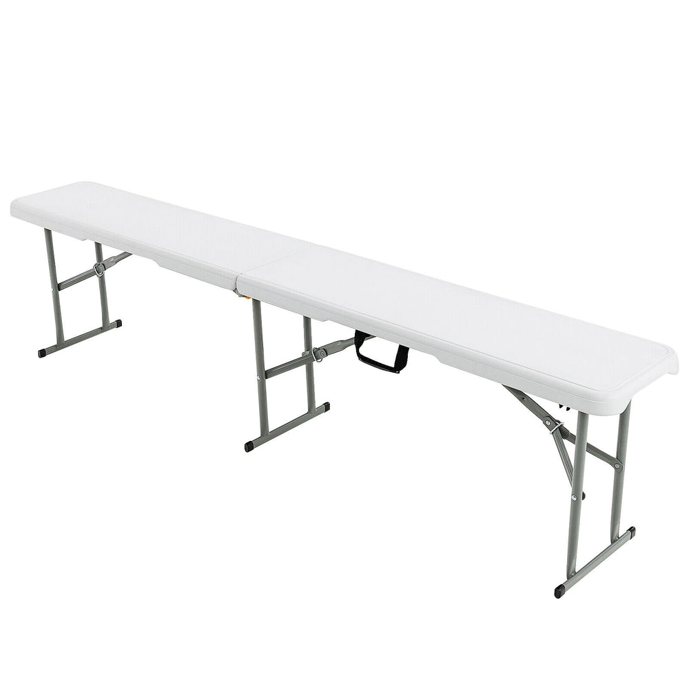 Portable 6 feet folding bench with a waterproof HDPE top, ideal for picnics and outdoor gatherings, supports 550 lbs.